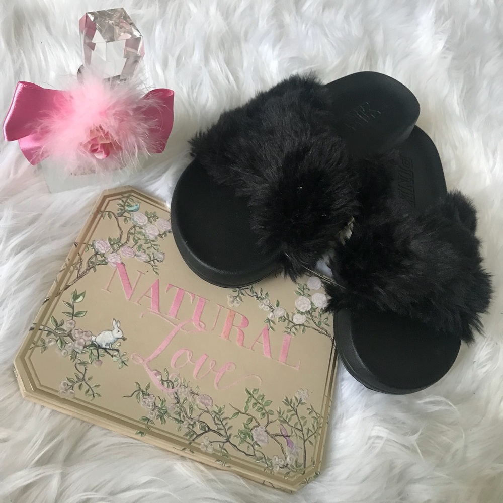 Victoria Secret Pink black fuzzy slides